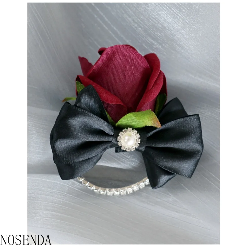 Merah Marun Bunga Mawar Boutonniere Korsase Pernikahan Aksesoris Bunga untuk Pengantin Pria Boutonniere dan Wanita Mutiara Pergelangan Tangan Korsase