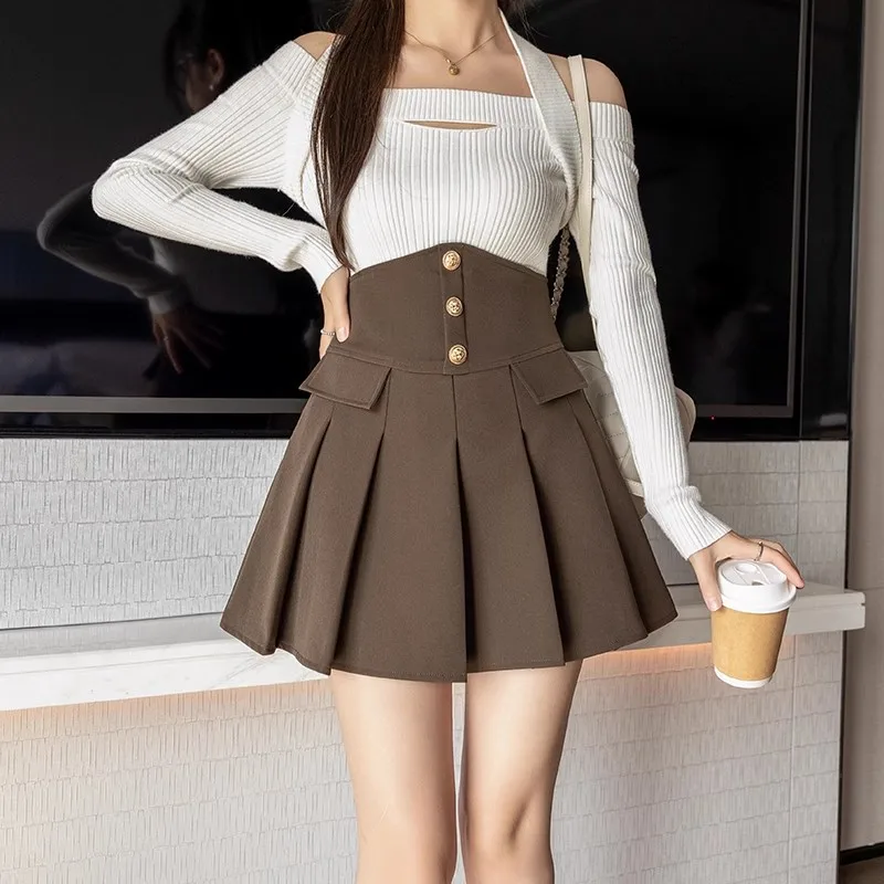 

Women's Spring/Summer New Solid Color A-Line Fake Pocket Versatile Single Breasted Pleated Half Skirt