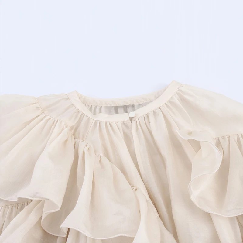 2025년 여름 여성 패션 긴팔 셔츠 루즈핏 라운드넥 폴리에스터 섬유 단색 벨 슬리브 캐주얼 셔츠