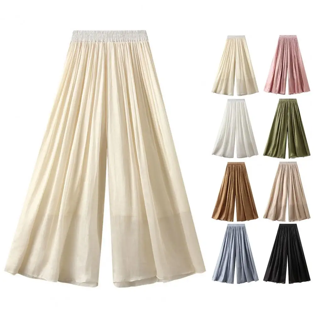 

Women Wide Leg Pants Elegant Wide Leg Pleated Pants for Women Pearlescent Yarn Elastic Waist Skirt Trousers Breathable Polyester