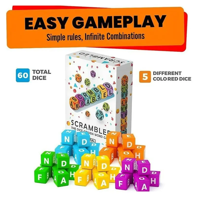 Gioco di Parole con Dadi, Divertente Gioco da Tavolo Stile Scrabble per 2-5 Giocatori, Esercizio Mentale per Feste in Famiglia