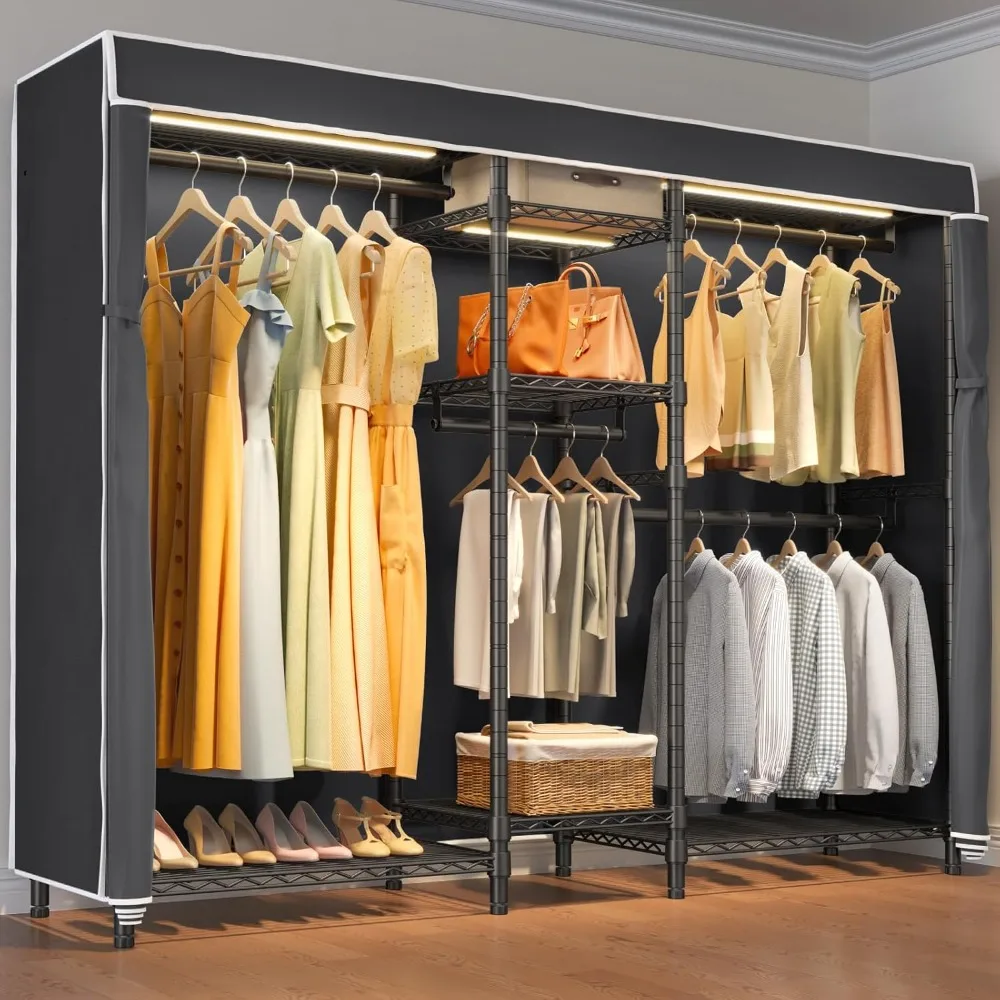 

Covered Garment Rack Heavy Duty Clothes Rack with Cover and Dimmable LED Lights, Portable Closet Wardrobe Freestanding