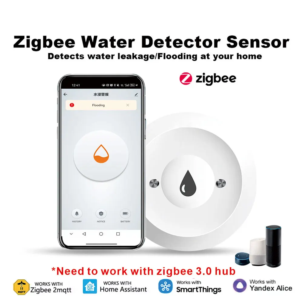 ZigBee Smart Water Leak Sensor Water Overflow Level Detector Security Alarm System Flood Leakage Sensor Google Home 2MQTT