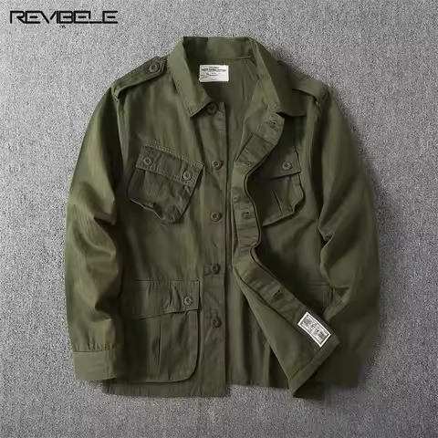 Men's Cargo Jackets Vintage Multi-pocket Safari Style Shirtcoat Military Casual Lapel Tactical Tops Solid Color Buttoned Outwear