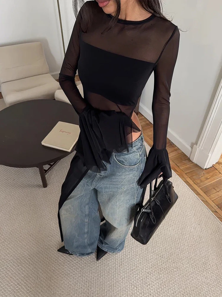 

Kliou сетчатые женские футболки с длинными рукавами и рюшами, однотонные, простые, прозрачные, с круглым вырезом, супер длинные футболки, женские уникальные уличные летние топы