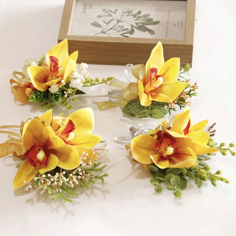 สีเหลืองประดิษฐ์ Boutonnieres ดอกไม้ข้อมือ Corsage แต่งงานอุปกรณ์เสริม Homme งานแต่งงาน Deco