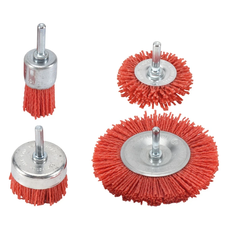 4Pcs Nylon Filament Abrasive Wire Cup Brush Nylon End Brush Kit For Drill Rotary Tool With 1/4 Inch Shank