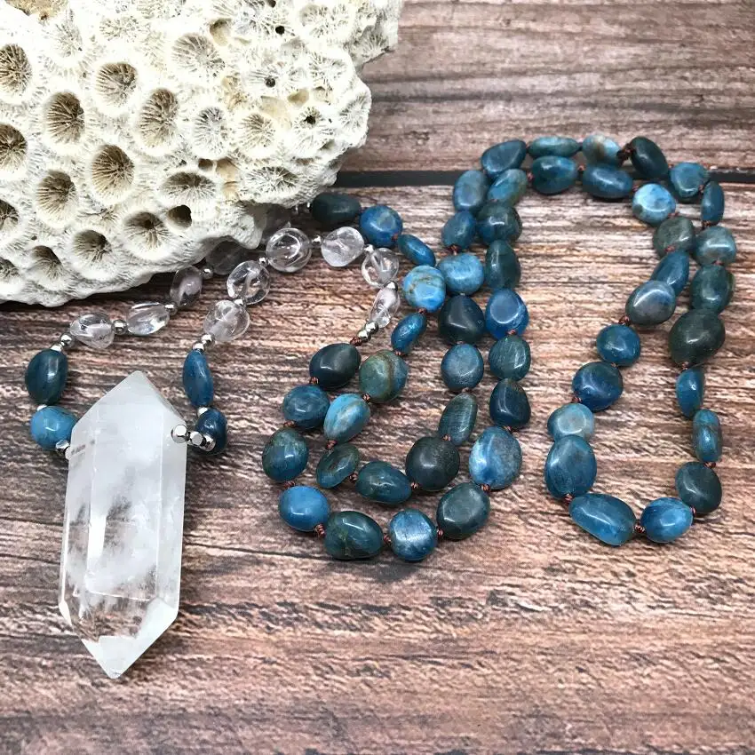 Raw Blue Apatite Bead Knotted Handmade Necklaces White Quartz Crystal Double Point Pendant Yoga Mala Prayer Women Jewelry,QC0153