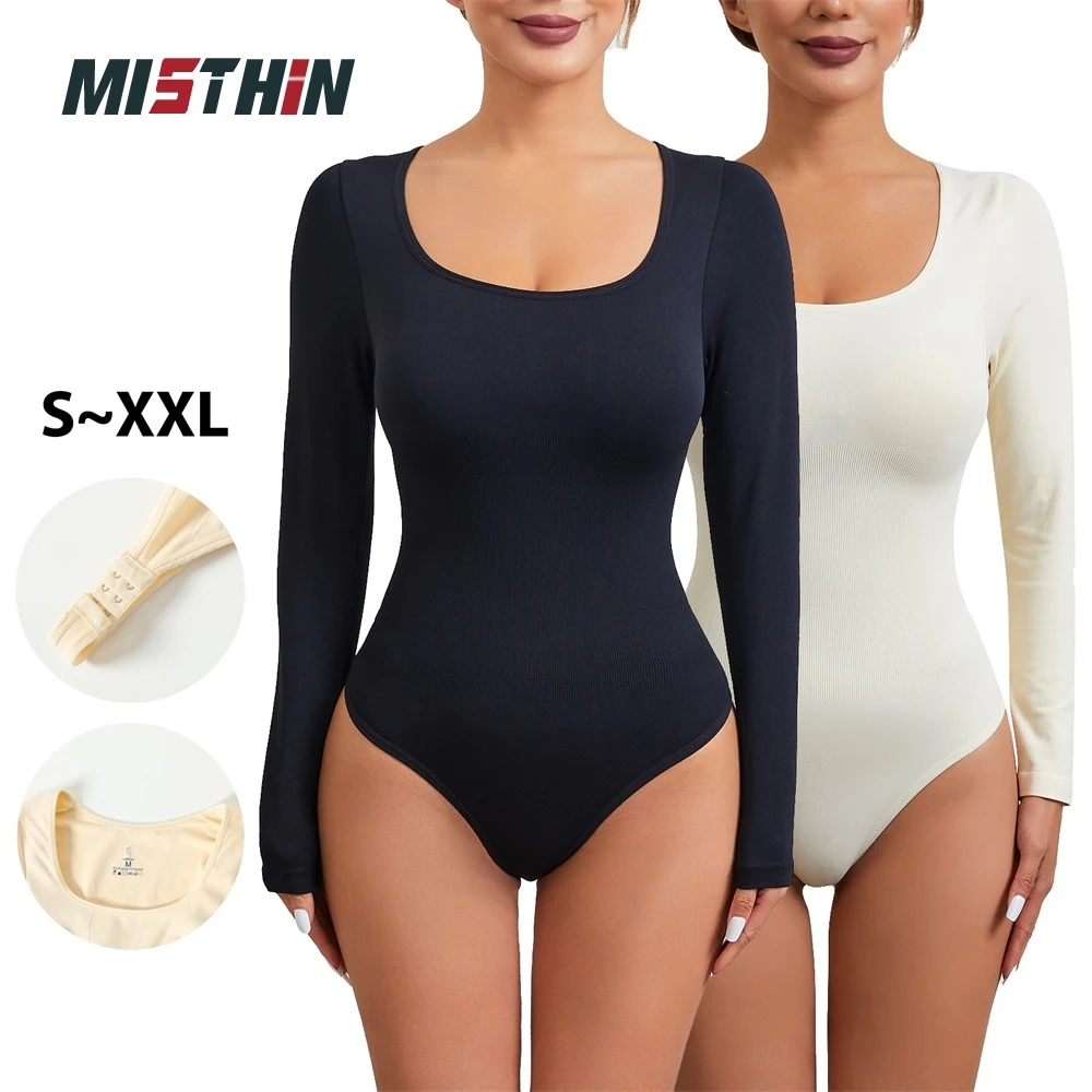 

MISTHIN O Neck Long Sleeve Sexy Bodysuit Black Solid Women Casual Shapewear Outfit Gym Fitness Sculpting Seamless Underwear