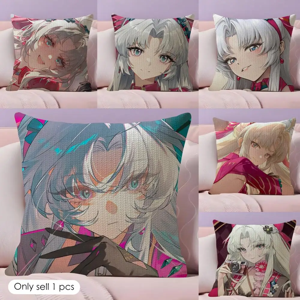 CarlottaS Anime Cute Wuthering Cushion Cover Natural Linen Organic Fabric Double-Sided Printing Sofa Home Decor Gift Pillow Case