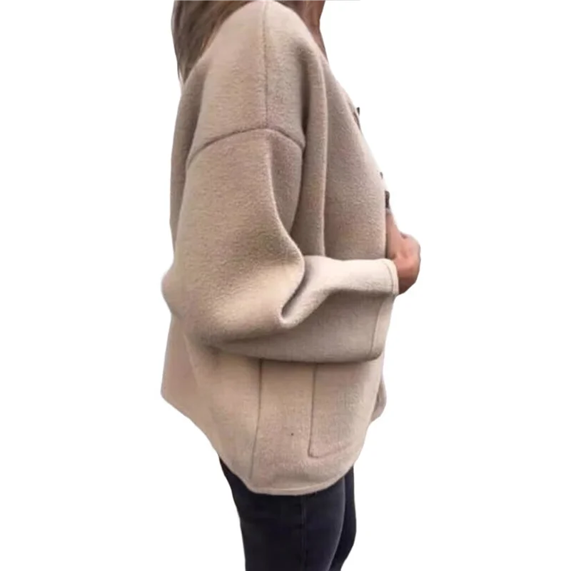 

A95I-Women's Autumn And Winter Fashion Casual Round Neck Long Sleeve Button Woolen Coat With Pockets