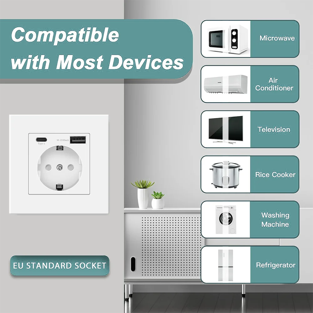 16A EU Standard Wall Socket with Type-C USB Charging Outlet White Flame Retardant PC Panel AC 110-250V Power Electrical Outlet view 6