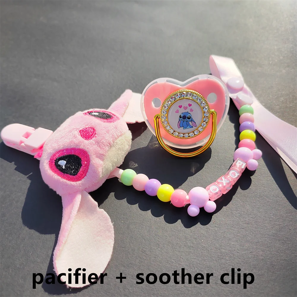 [2Pcs] Disney Plush Pink Stitch Doll Kawaii Toy New Soothe Pacifiers for Babies Personalized Bead Pacifier Clip Gifts Hot Sale