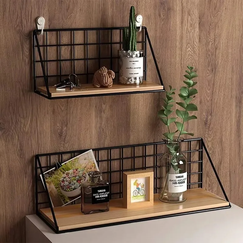 Wooden Wall-Mounted Shelf with Basket Storage, No-Drill Setup for Living Room and Bedroom Organization