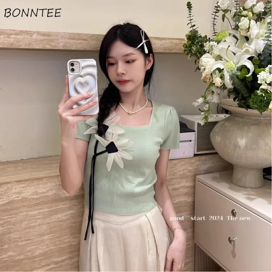 Cropped Pullovers Women 3D Flowers Square Collar New Design Tender Elegant Gentle Short Sleeve Knitted Tops All-match Ulzzang