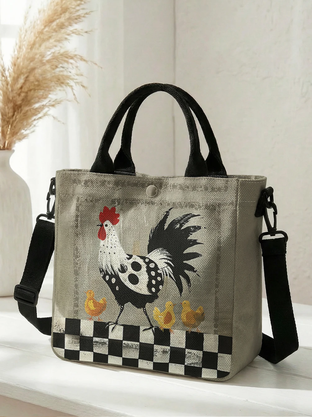 Rooster print handbag with detachable shoulder strap and crossbody bag, suitable for women's daily shopping