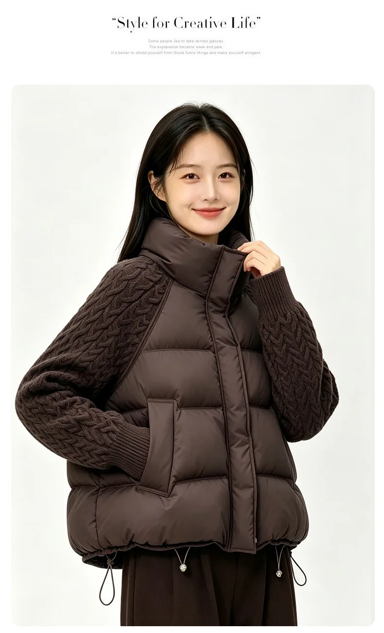 Patchwork Knitted Warm Drawstring Short Puffer Coat Female Oversize Parkas 2026 New Winter Turtleneck Down Cotton Jacket Women