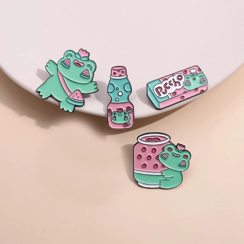 Animal Fruit Collection Enamel Pin Sweet Romance Strawberry Watermelon Frog Brooch Metal Badges Lapel Pins Cartoon Jewelry Gifts