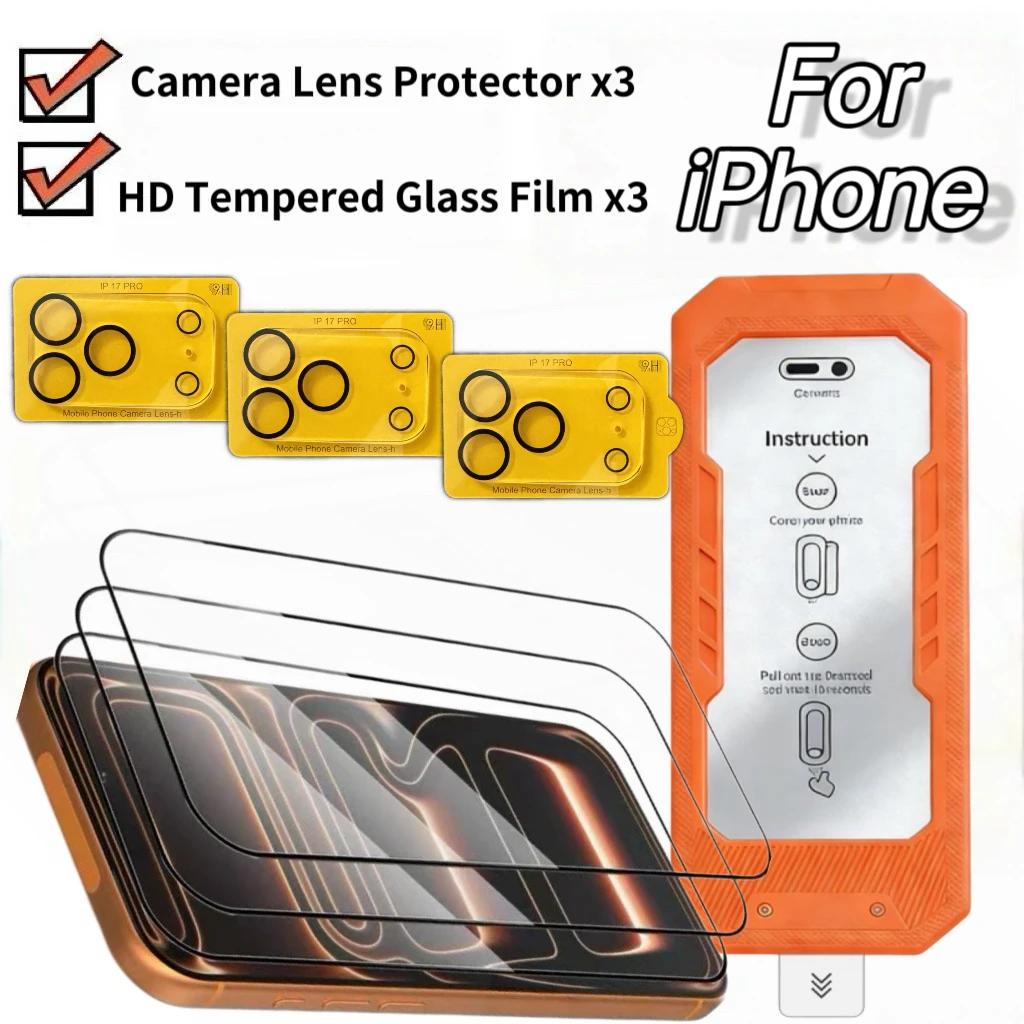 3Pcs HD Screen Protectors+3Pcs Lens Protectors Bubble‑Free Dust‑Proof Easy Install for iPhone Series