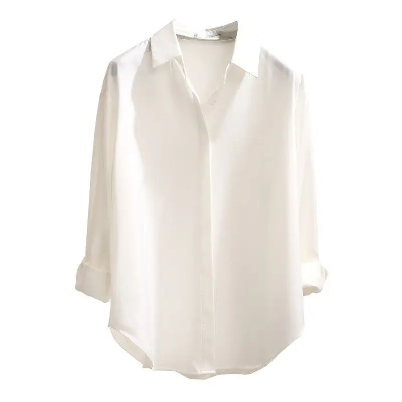 Women Button-Down Shirts White Satin Elegant Blouses Oversize Long Sleeve Tops Summer 2023 Fashion Office Ladies Formal Clothing