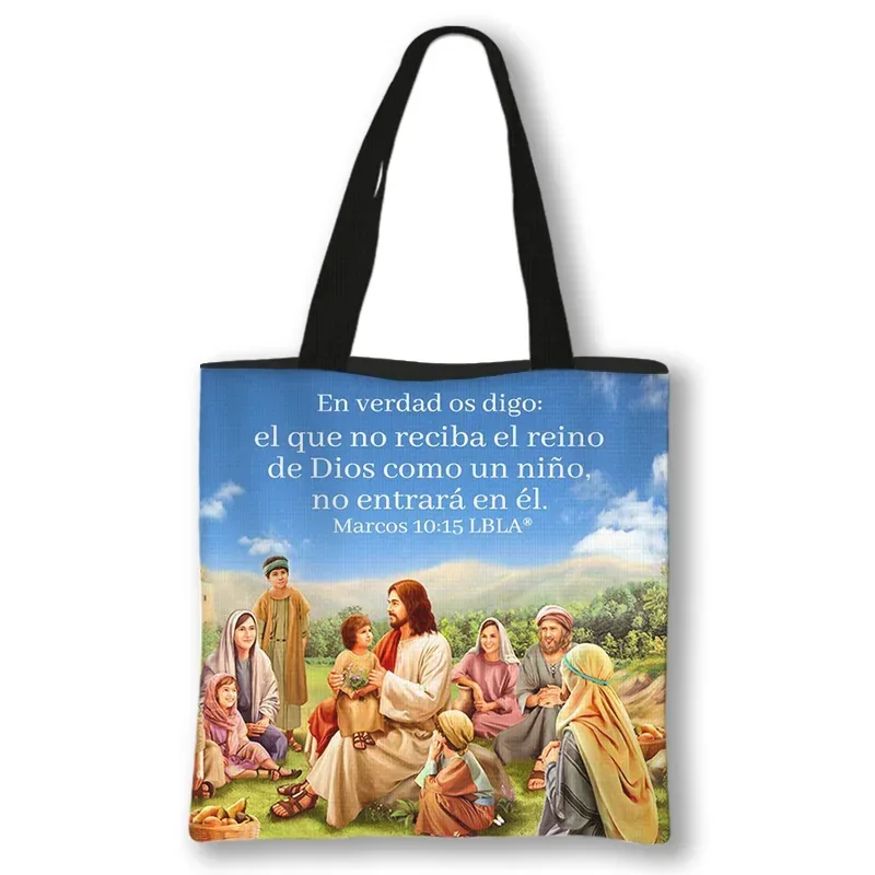 Jesus Painting Print Shoulder Bag Vintage Women Canvas Handbag Dios Esta Conmigo Portable Messenger Bags image 2