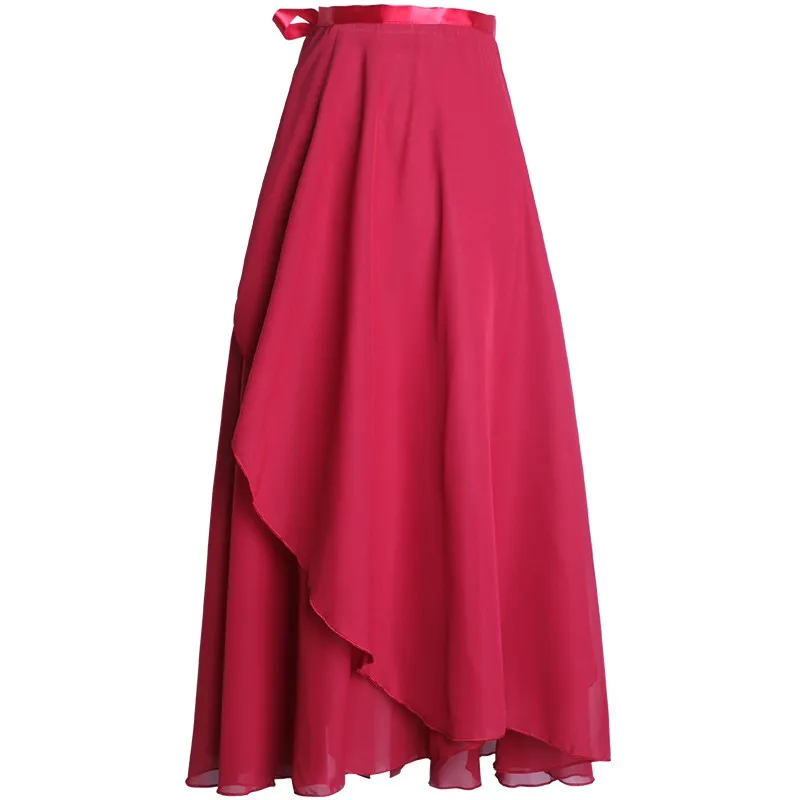 Women Long Chiffon Ballet Skirts Adult Ballroom Dance Skirt Black Burgundy Ballet Costume Waist Tie Dress