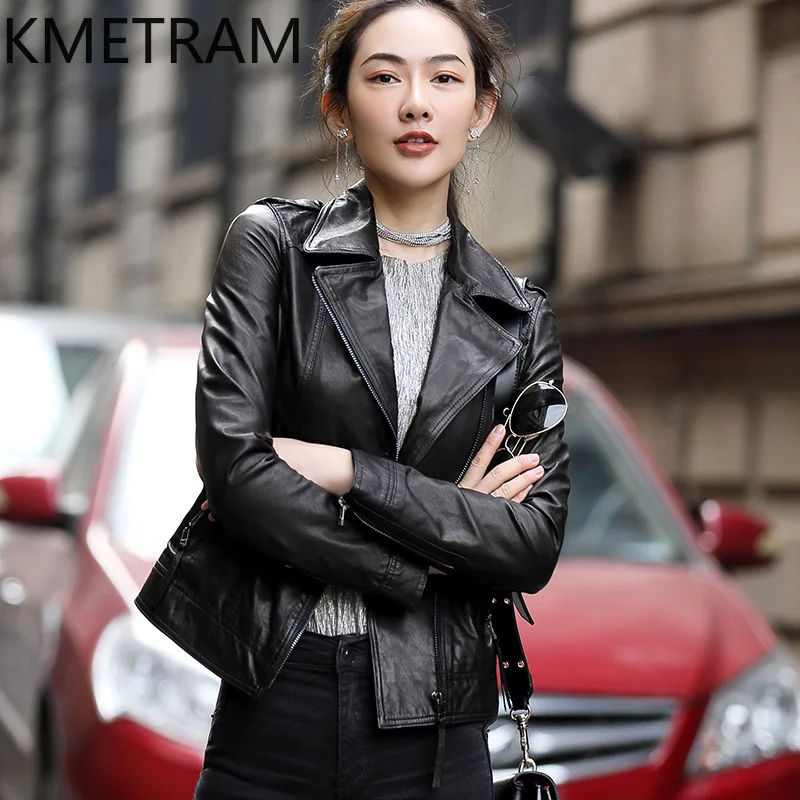 

KMETRAM Genuine Sheepskin Leather Jacket Woman Short Slim Coat Fashion Motorcycle Jackets 2026 Spring Autumn Women Clothes 가죽자켓