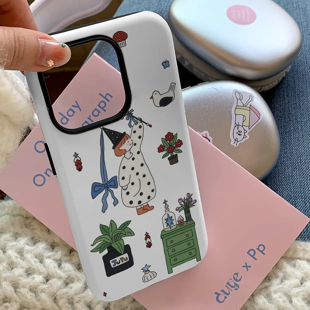 Korean White Magic Girl Cartoon Manga Phone Case for IPHONE 16 15PRO MAX 14 13 12 11 Acrylic TPU Two in One Magnetic Phone Cases