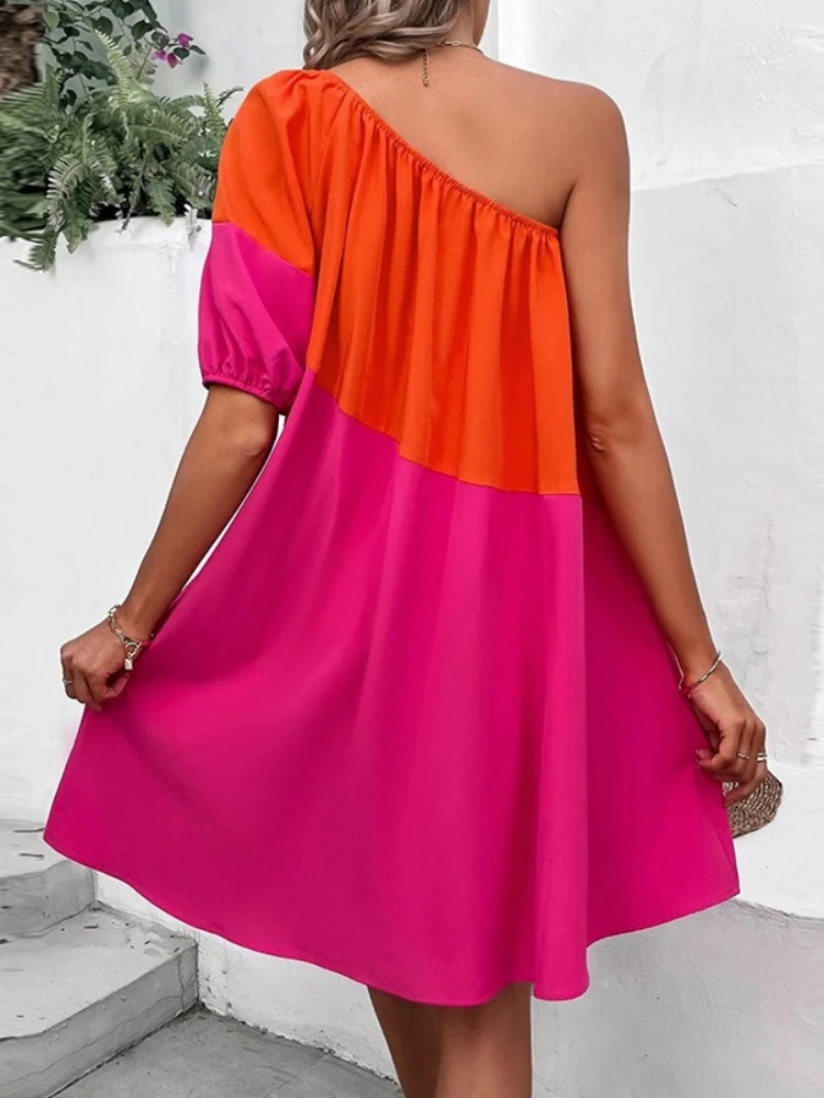 Diagonal Collar Off One Shoulder Color Blocking Causal A-line Dress Women Short Sleeves Loose Beach Dress Club Party Vestidos