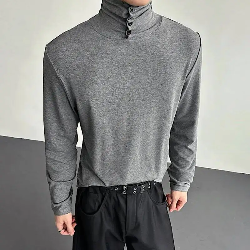 New Simple Men's Tees Button Design Solid Color Slim Korean Style T-shirts Loose Male Long Sleeve Pullover Male Tops VDR45