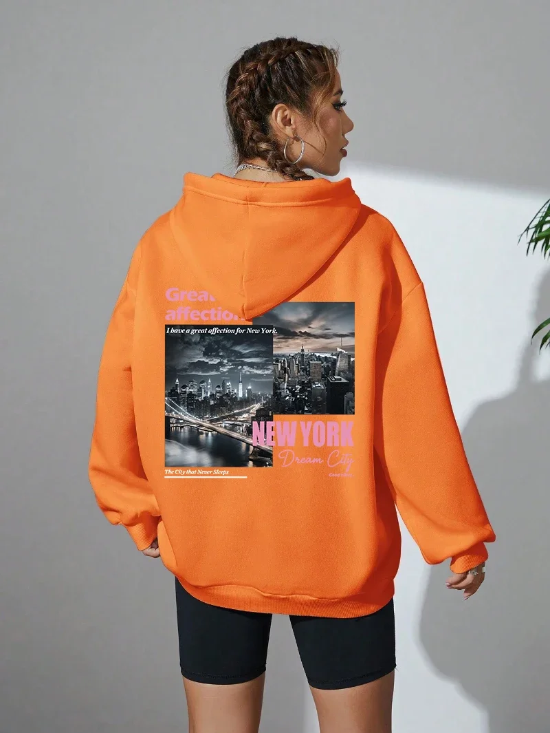 

New York Dream City Printed Hoodies for Women, Fleece Pullover, Warm Pocket Sweatshirt, Oversize Street Clothes, Casual Fashion