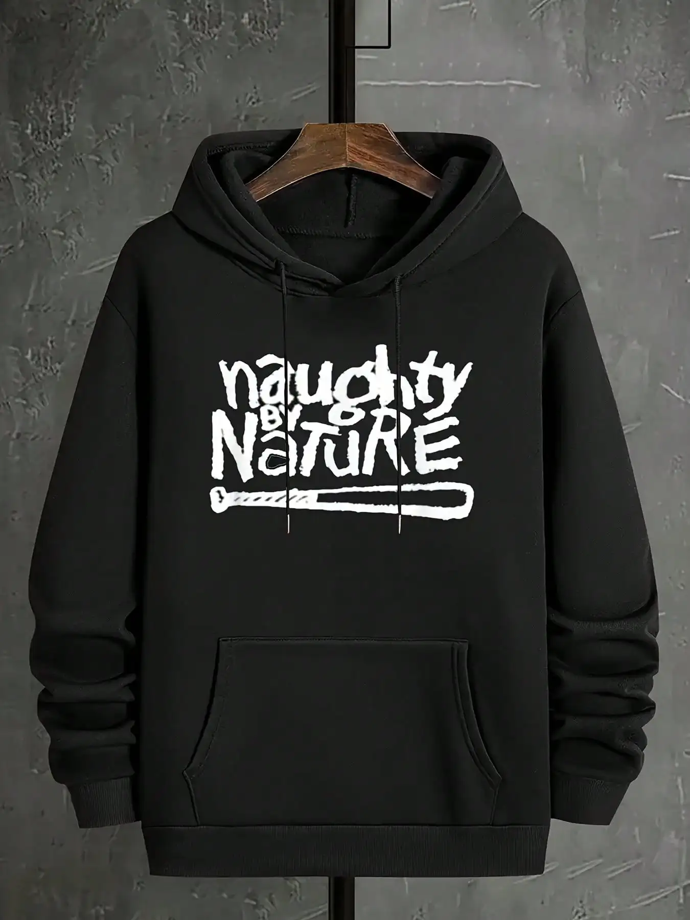 Men Naughty By Nature Graffiti Text Baseball Bat Graphic Hoodie Vintage Hip‑Hop Letter Print Pullover Sweatshirt Autumn Winter Kangaroo Pocket Black Streetwear Hooded Tops Unisex