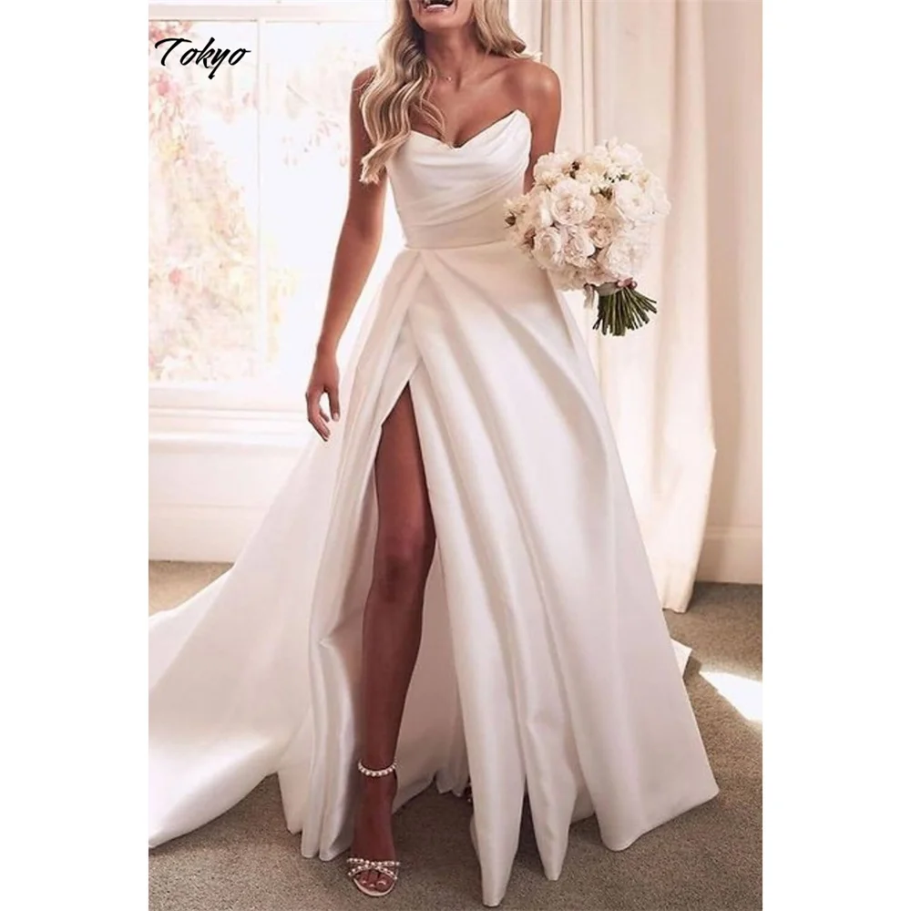 Tokyo Customized White Side High Split Wedding Dress Strapless Sleeveless Backless Wedding Gown Court Train Sexy Bridal Veil