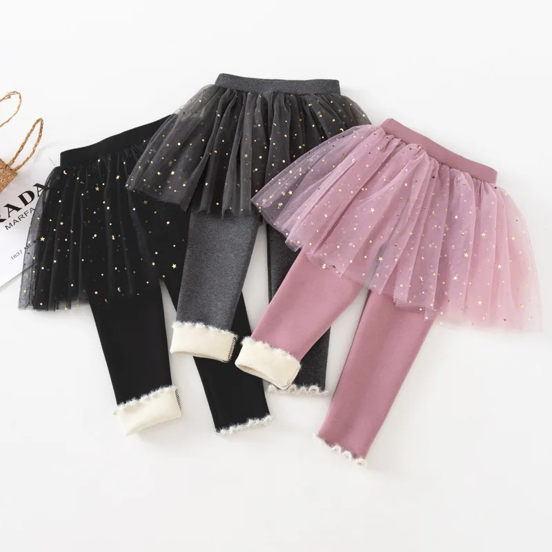 Autumn and Winter Girls' Fleece-Lined Thick Leggings with Sequins, Faux Two-Piece, Warm Baby Skirt Pants, Princess Skirt Pants view 3