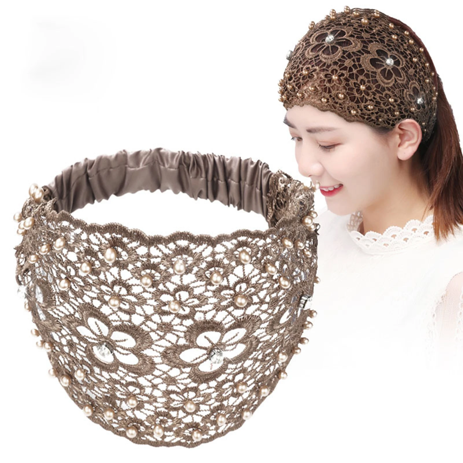 Women Hollow Thin Wide Hair Band Hook Lace Pearl Bohemia Headband Elastic Floral Cutout Hair Band Styling Vintage Hair Accessory