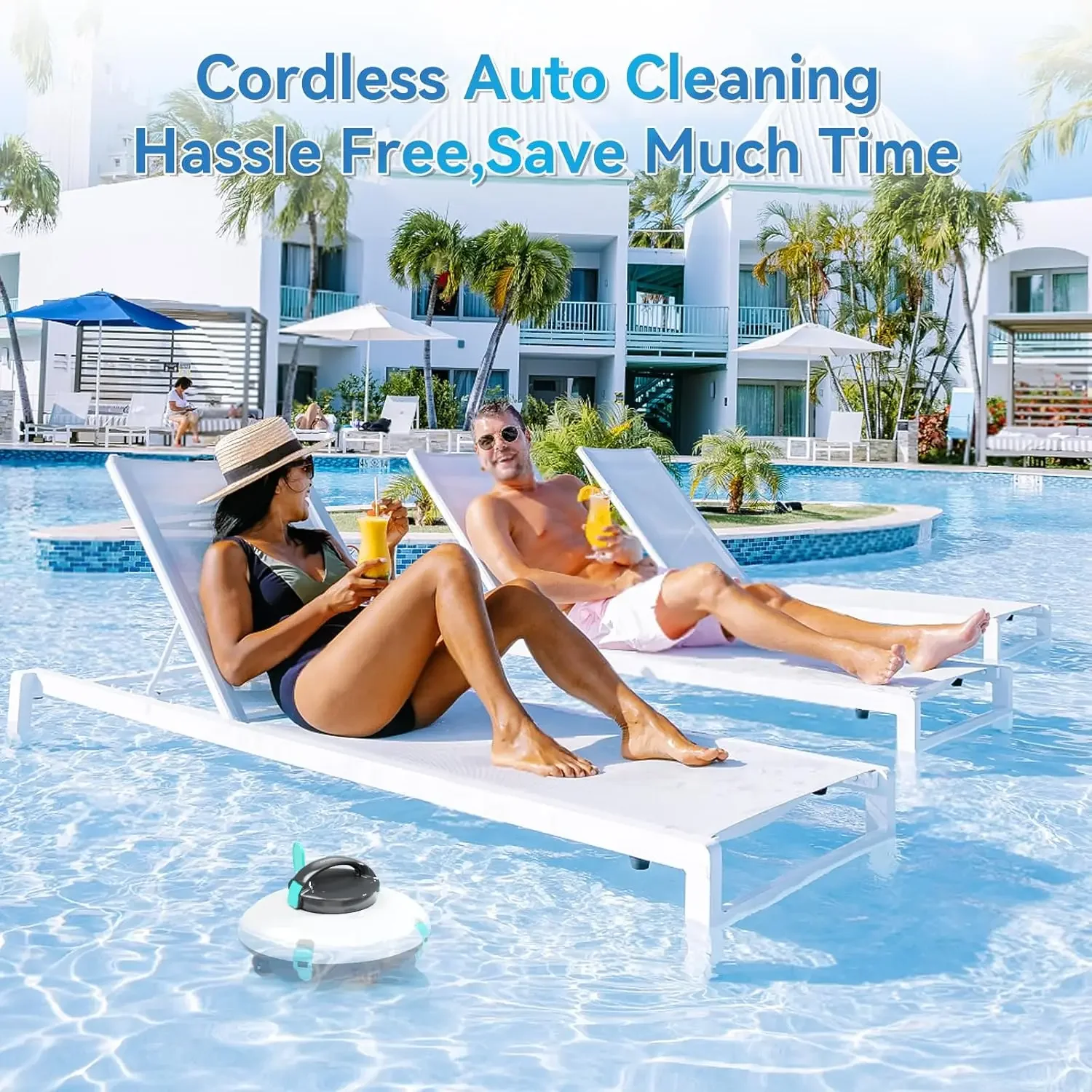 Cordless Robotic Pool Cleaner 70Mins Pool Vacuum for Above Ground Pool 15KPa Powerful Suction Water Sensor