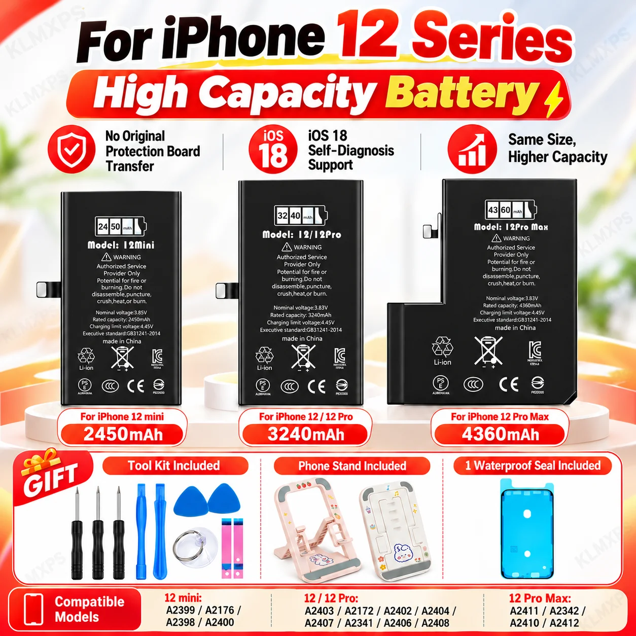 High Capacity Battery For iPhone 12 Mini Pro Max Replacement Battery iOS 18 Self Diagnosis Support Repair Tool Kit Included