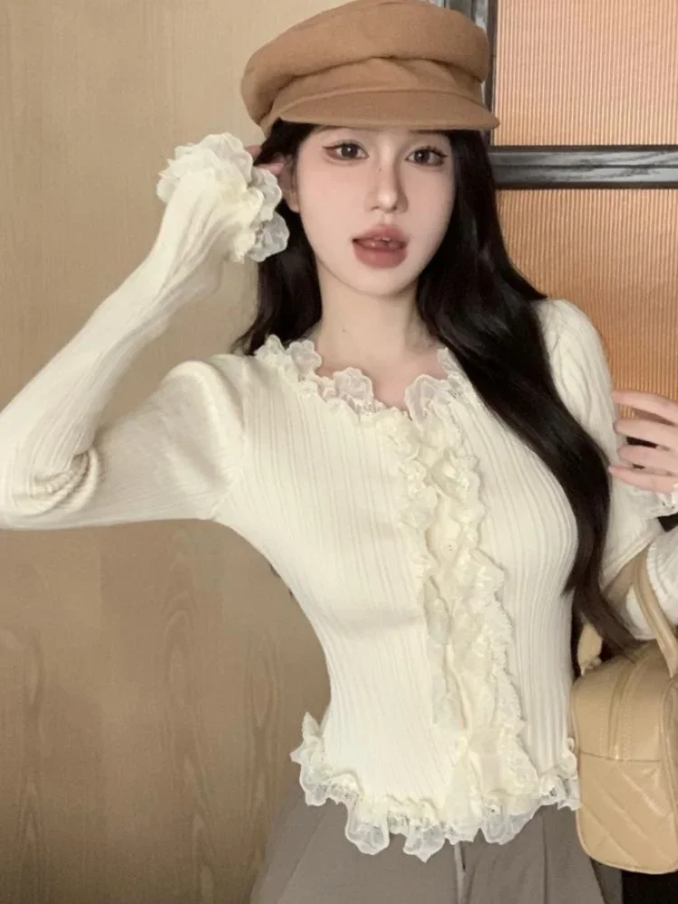 

Autumn Lace Kawaii Knitted Pullover Sweater Women Slim Vintage Sweater Tops Female Casual Korean Fashion Designer Swerater 2025