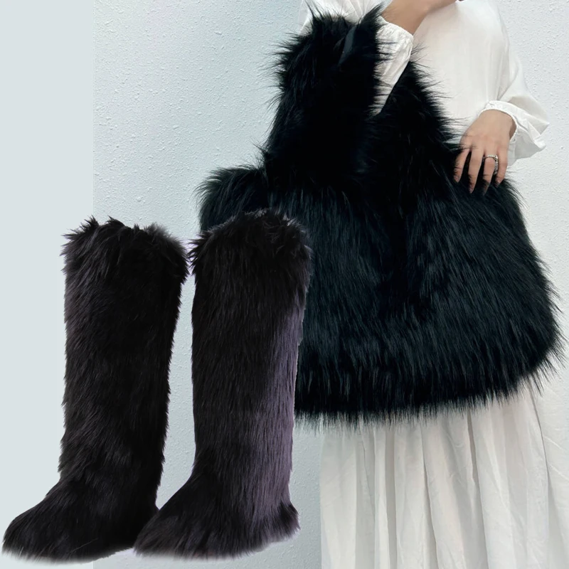 2025 Women's Winter High Boots Warm Fashion Imitation Fox Fur Women's Boots And Velvet Padded Women's Shoes Fur Handbag Sets