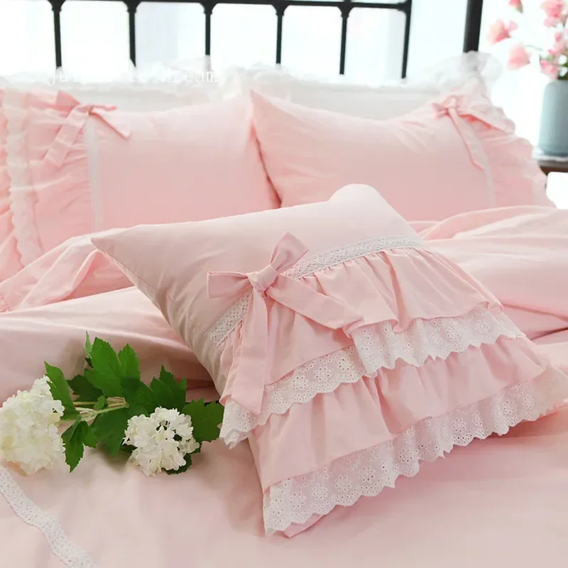 Pink Decorative Cushion Cover, Ruffle Lace Pillow Cover, Cake Layers, Princess Bowknot Pillow Case, Garden Style, Top Sweet