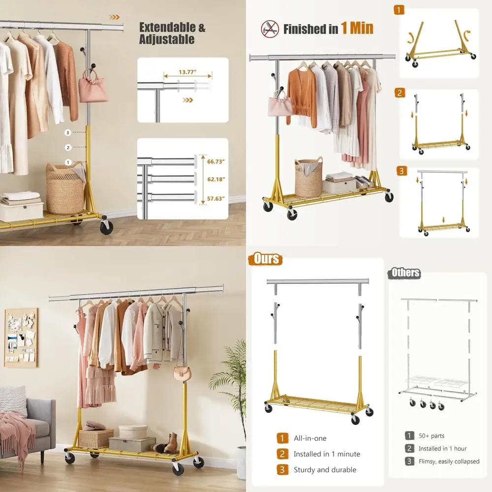 

Прочная регулируемая портативная вешалка для одежды с прочными колесами и полками, выдерживает до 240 кг, нержавеющая сталь и золотистое покрытие