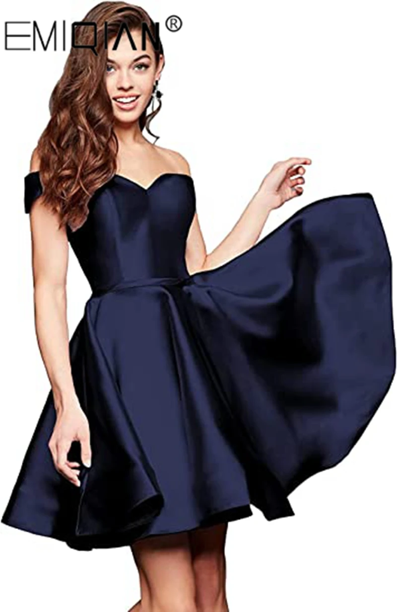 Women\'s Short Homecoming Dresses for Teens with Pockets Off Shoulder Satin Cocktail Party Gowns