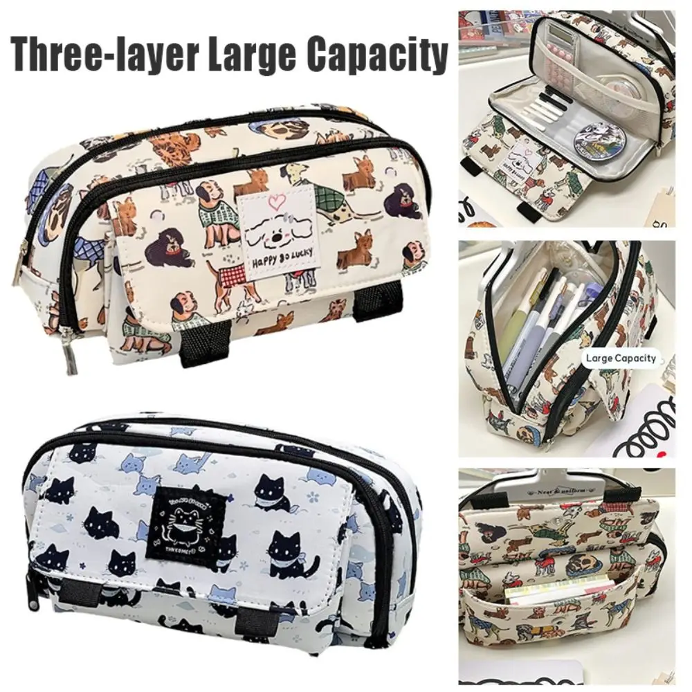 

Multi-function Canvas Pen Bag Cute Cat Retro Puppy Stationery Bag Flip Cover Large Capacity Pen Box Back To School Gift