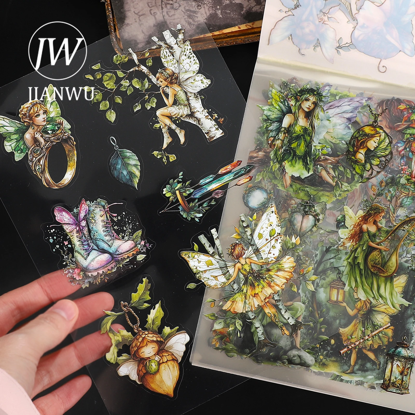 JIANWU Vintage Fairy Tale Forest Plant Elf Butterfly Landscape Material Collage PET Sticker Book Creative DIY Journal Stationery