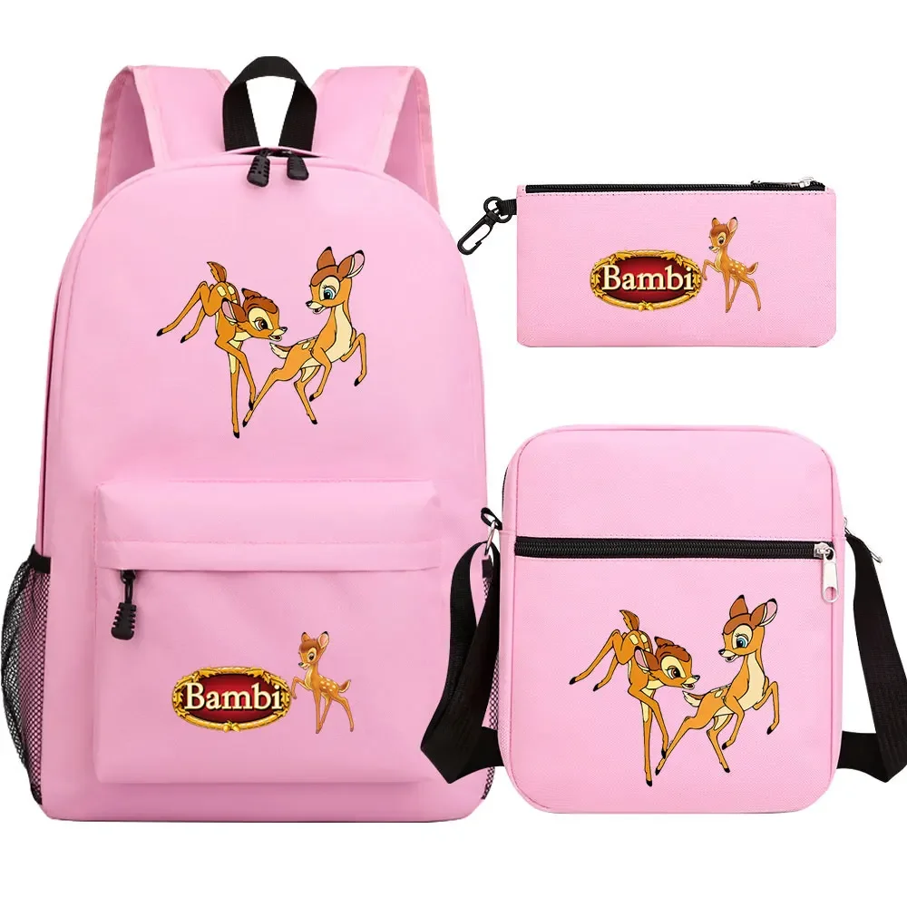 

MINISO New Kawaii Bambi Printed 3Pcs Boy Girl Kids School Book Bags Backpack Shoulder Bag Pen Bags For Men Women