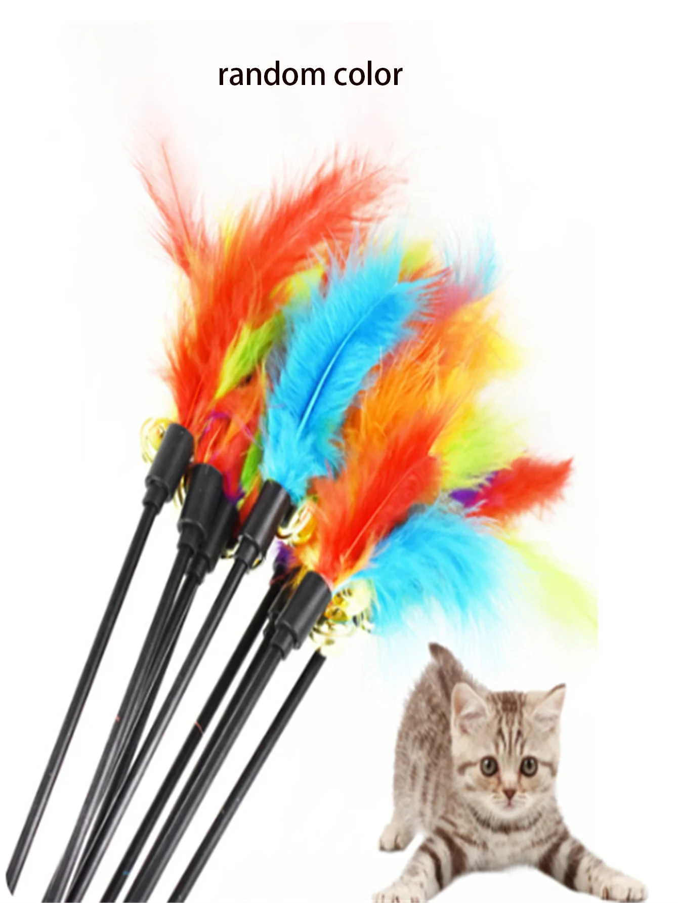 5pcs Funny Cat Stick Toys Kitten Cat Teaser Interactive Toy Rod With Bell Feather Toys Pet Cats Stick Wire Chaser Wand Toy