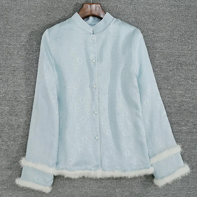 BirdTree-35%シルク 65%ウール エレガントコート、ミンクファー パッチワーク、レディース 新中華風 ジャカード ルーズコート、2025年冬 C5N964CC