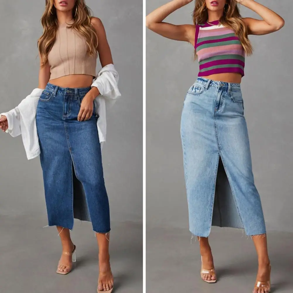 

High Waist Denim Skirt Women Summer Zipper Fly Pockets A-Line Skirt Front Center Slit Design Midi Skirt Streetwear Long Dress