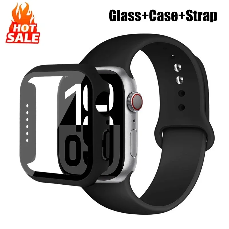 Glass+Case+Strap for Apple Watch Band 42mm 44mm 41mm 40mm 38mm 45mm 49mm Screen Protectors for Apple IWatch Series 8 7 6 SE 5 4