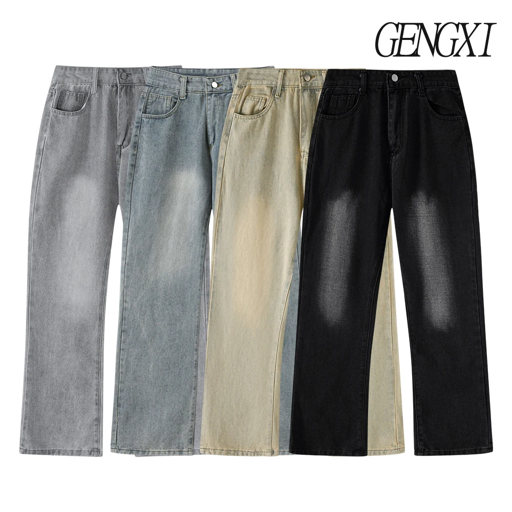 

High Street Washed Distressed Slightly Flared Jeans Men's Retro Straight Leg Loose Casual Trousers American Wide Leg Trousers